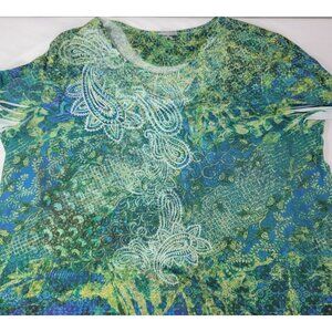Catherines Women's Short Sleeve Shirt Top Green Print Shiny Studs Size 4X / 5X